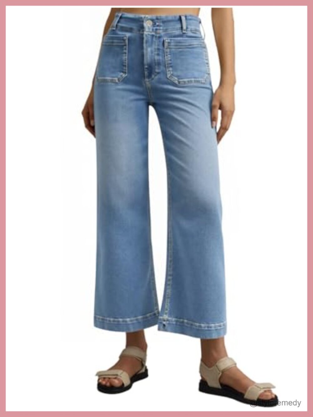 High Waist Wide Leg Cropped Baggy Denim Jeans with Front Pockets